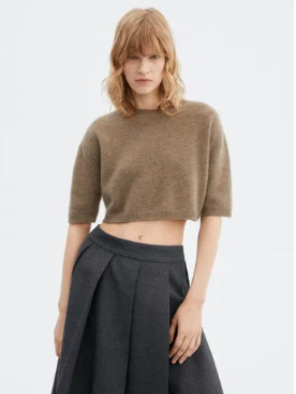 Mango 100% Cashmere Knit Cropped Top - Tan - Beige - Size M
